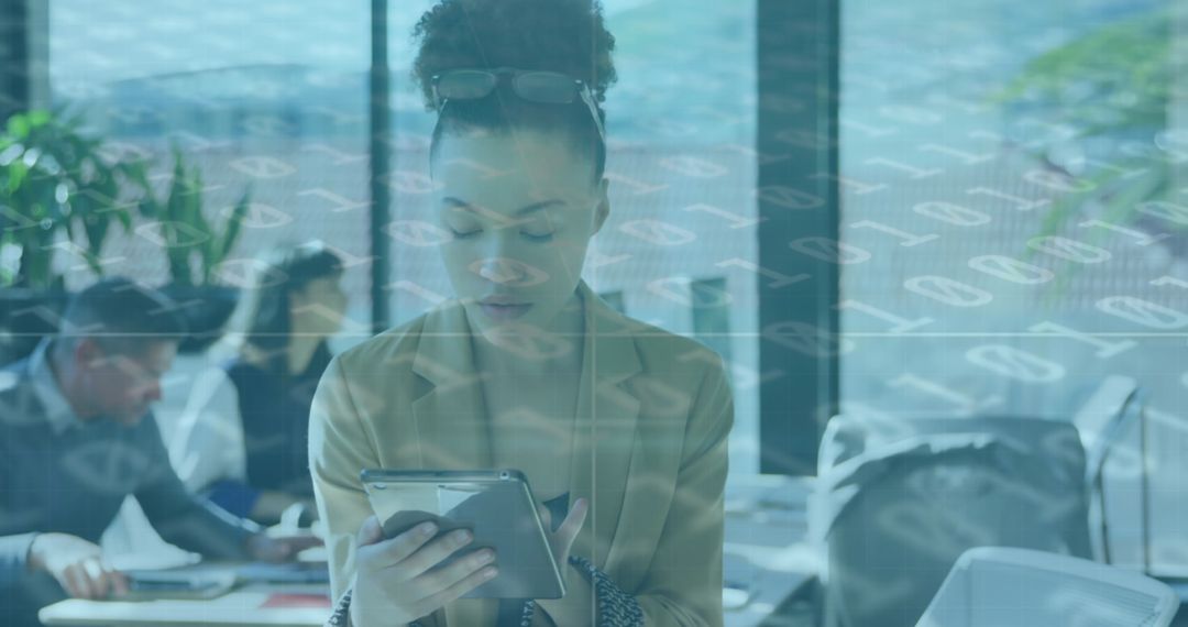 Data Visualization Overlays Businesswoman Using Digital Tablet in Office