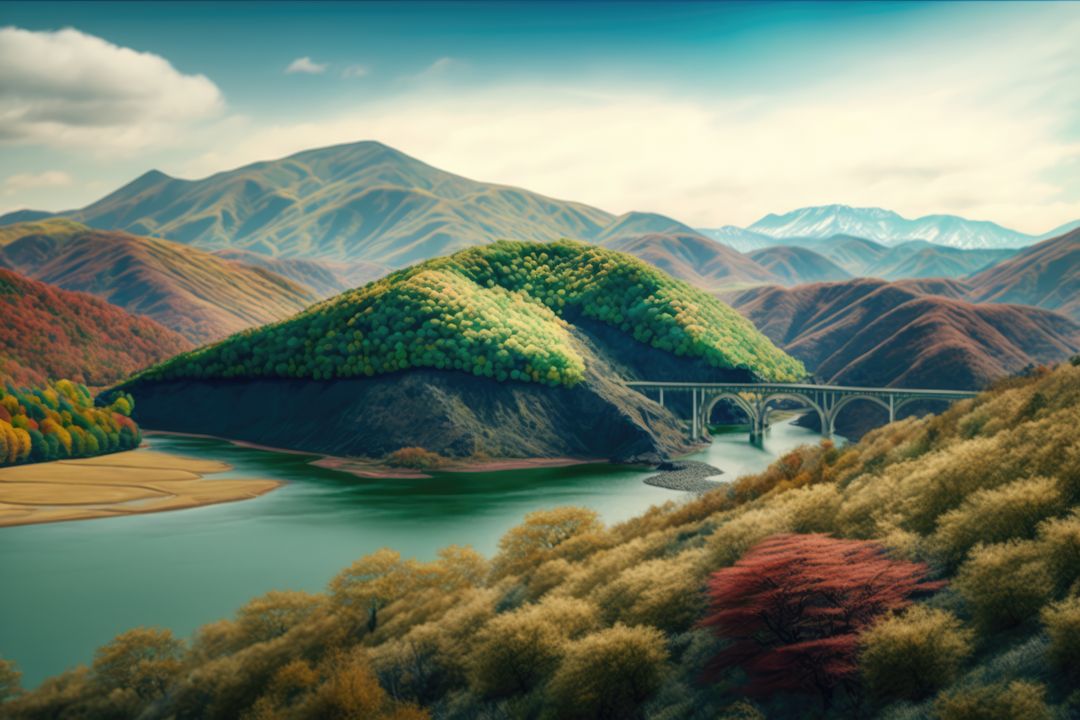 Scenic Mountain Landscape with River and Bridge in Autumn - Free Images, Stock Photos and Pictures on Pikwizard.com