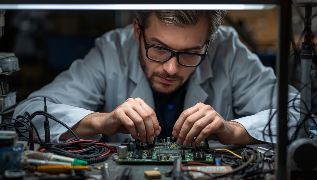 Electronics Technician Adjusting Circuit Board at Workspace