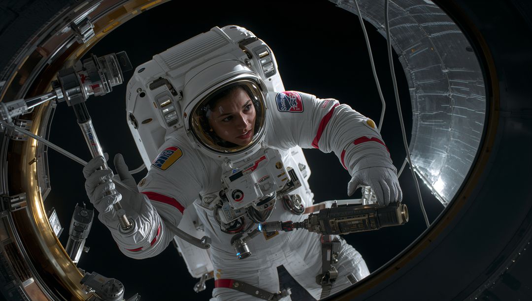 Female Astronaut Reaching Through Hatch During Spacewalk Manipulating Orbital Tool