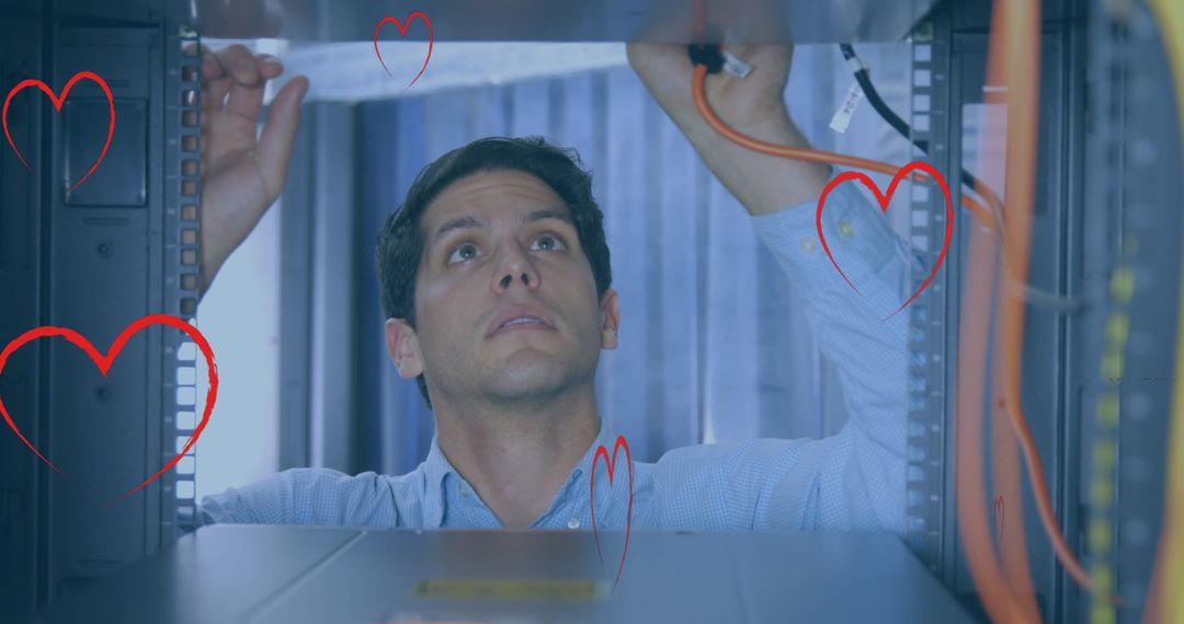 IT Technician Organizing Cables in Network Server Room