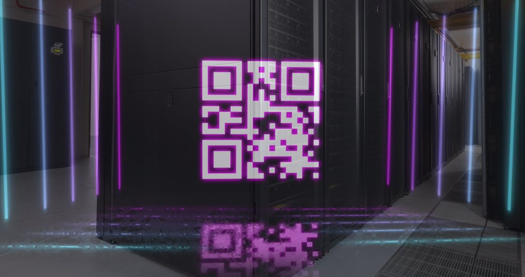 Neon QR Code in Server Room Representing Modern Data Security