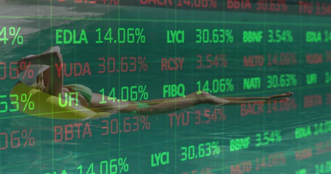 Woman Relaxing in Pool with Financial Data Overlay