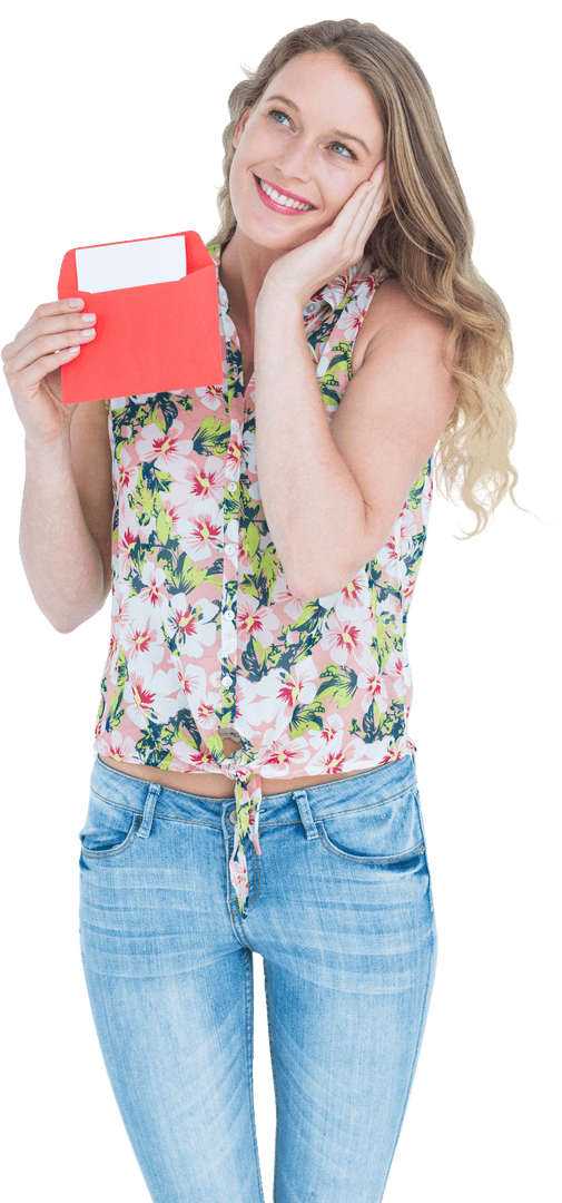 Smiling Woman Holding Red Envelope on Transparent Background