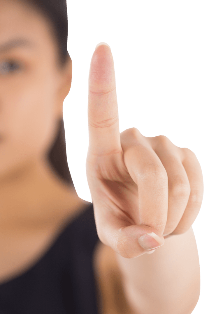 Asian Businesswoman Pointing Finger on Transparent Background for Virtual Interface