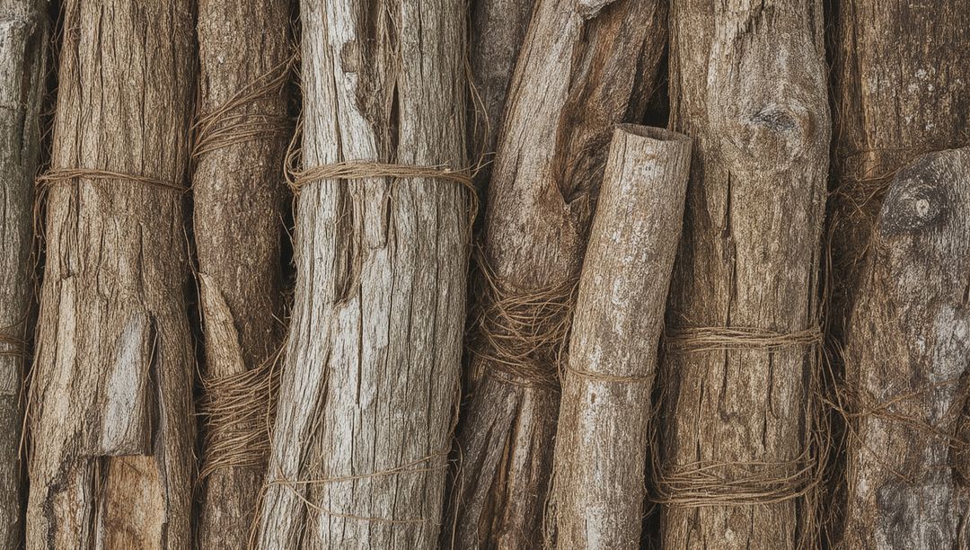 Weathered Wooden Poles Bound with Twine and Bark Strips Rustic Vertical Timber Texture