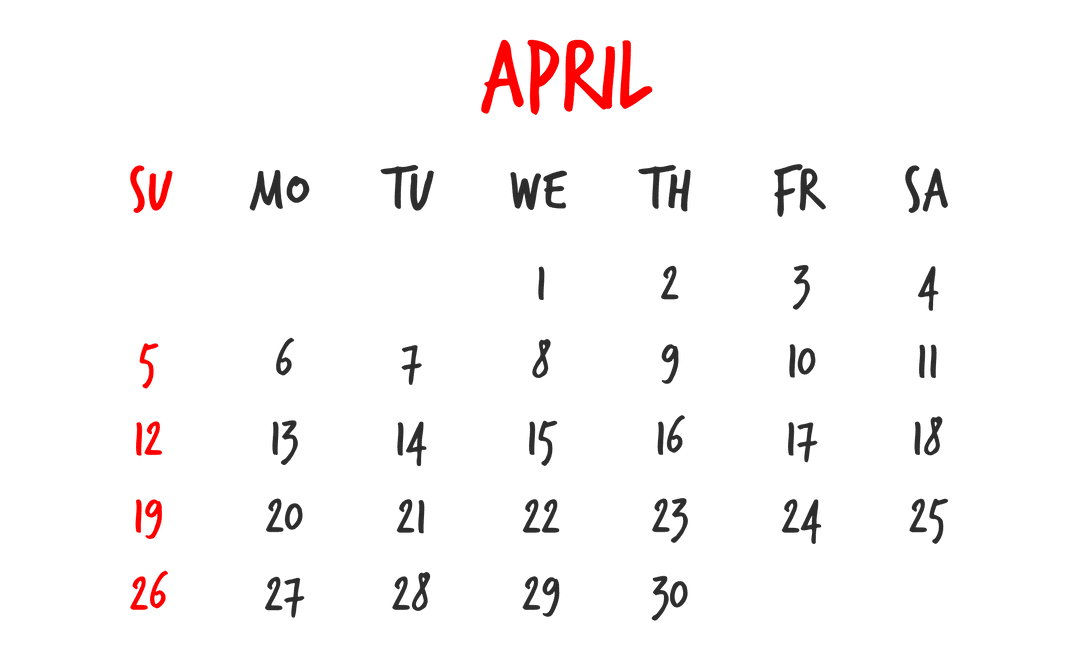 April Calendar Page on Transparent Background Vector