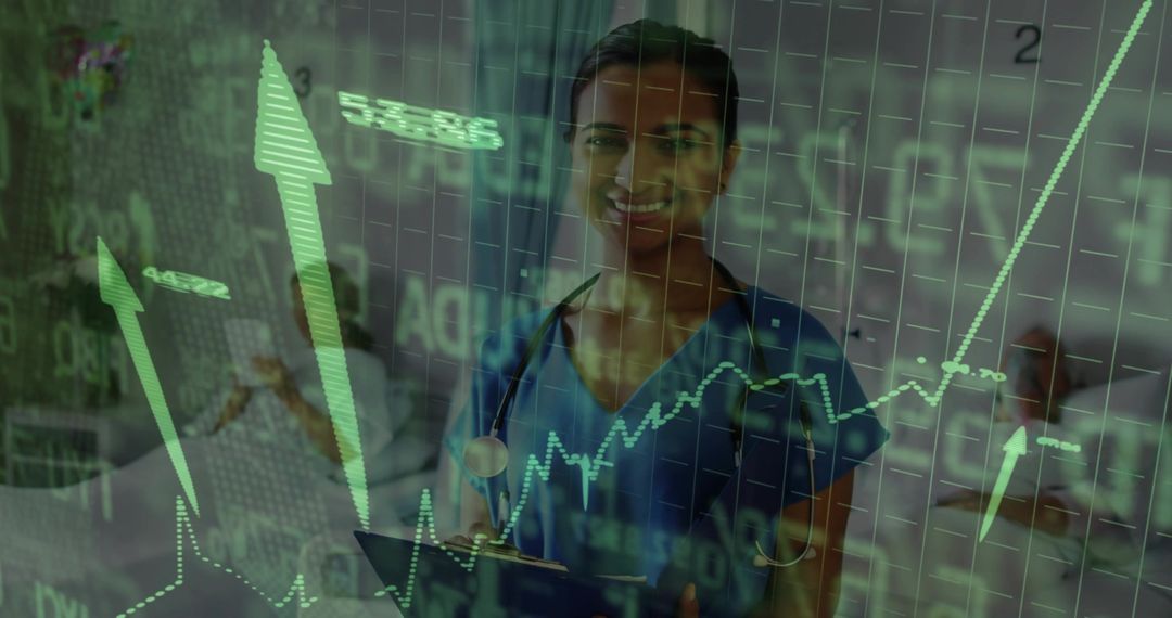 Smiling Medical Professional Analyzing Data with Charts and Trends