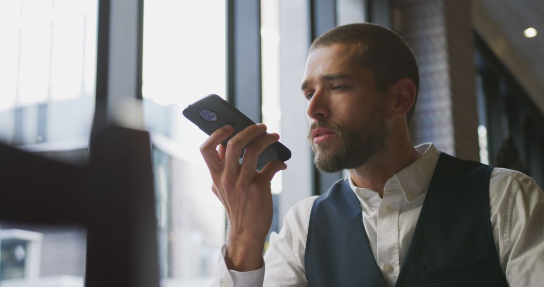 Bearded Man in Business Attire Using Voice Command on Smartphone in Modern Office - Free Images, Stock Photos and Pictures on Pikwizard.com