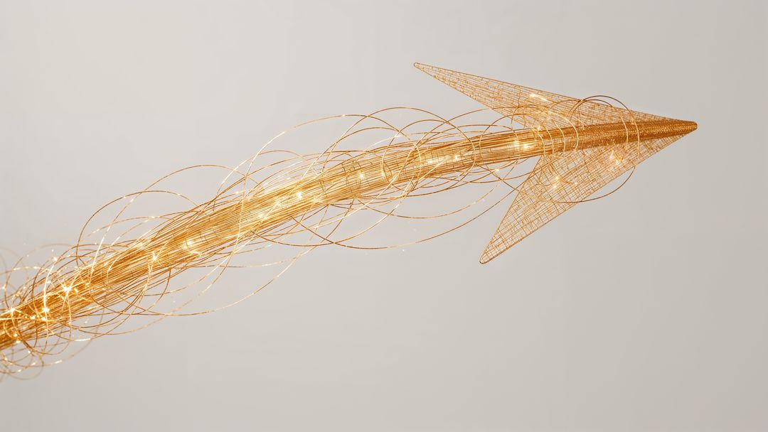 Sculpted illuminated golden curved arrow with fine wires
