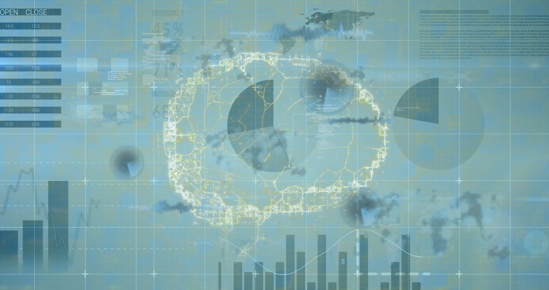 Digital Brain Model with Analytics on Blue Background