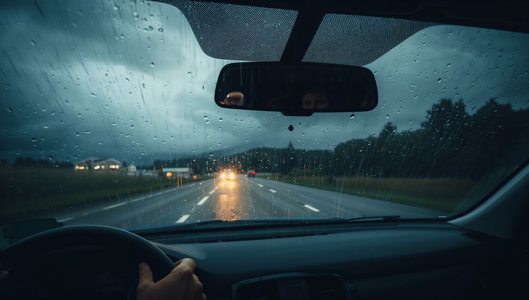 Nighttime wet highway driving through rain-splattered windshield with oncoming headlights