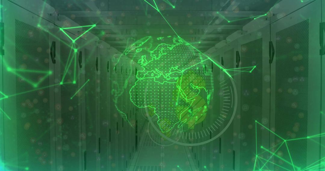 Holographic Globe Over Data Center Servers Illustrating Networking