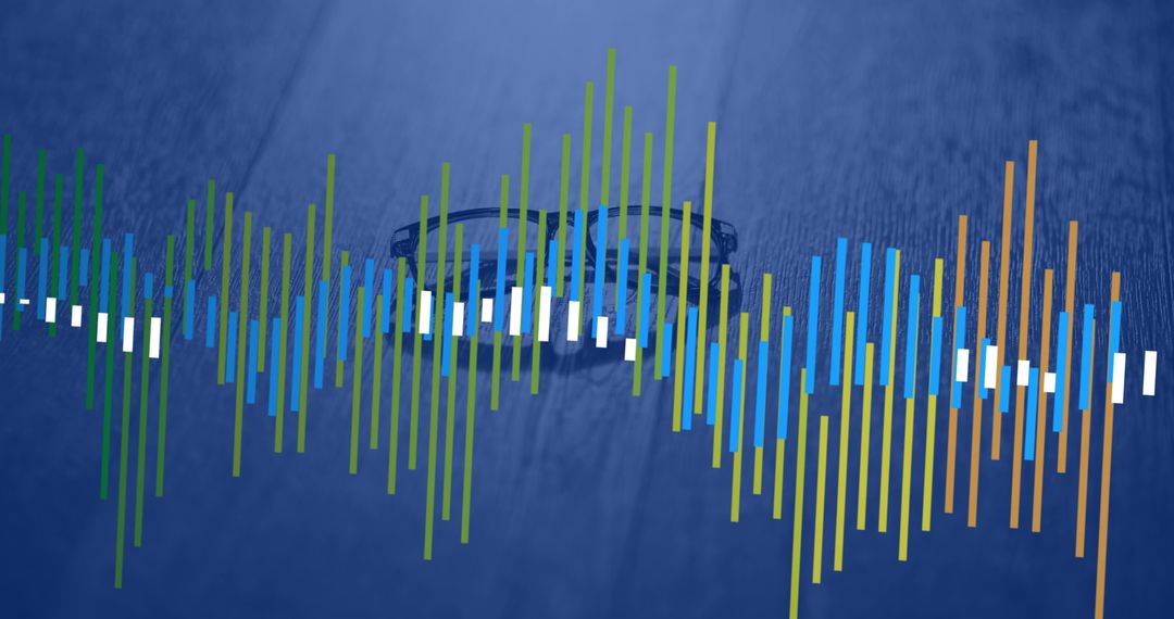 Black Rimmed Eyeglasses with Colorful Audio Waveform on Blue Desk