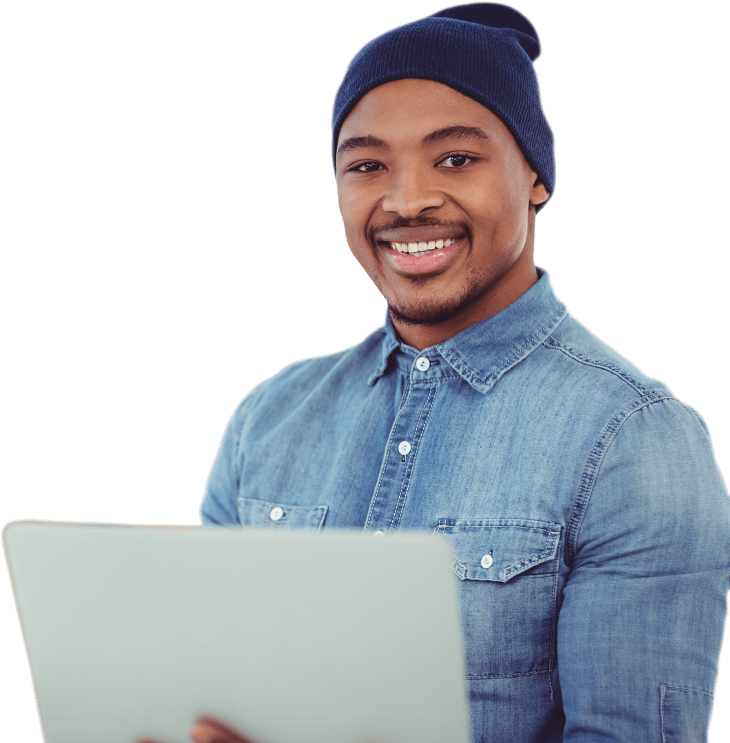Smiling African American Man Using Tablet on Transparent Background