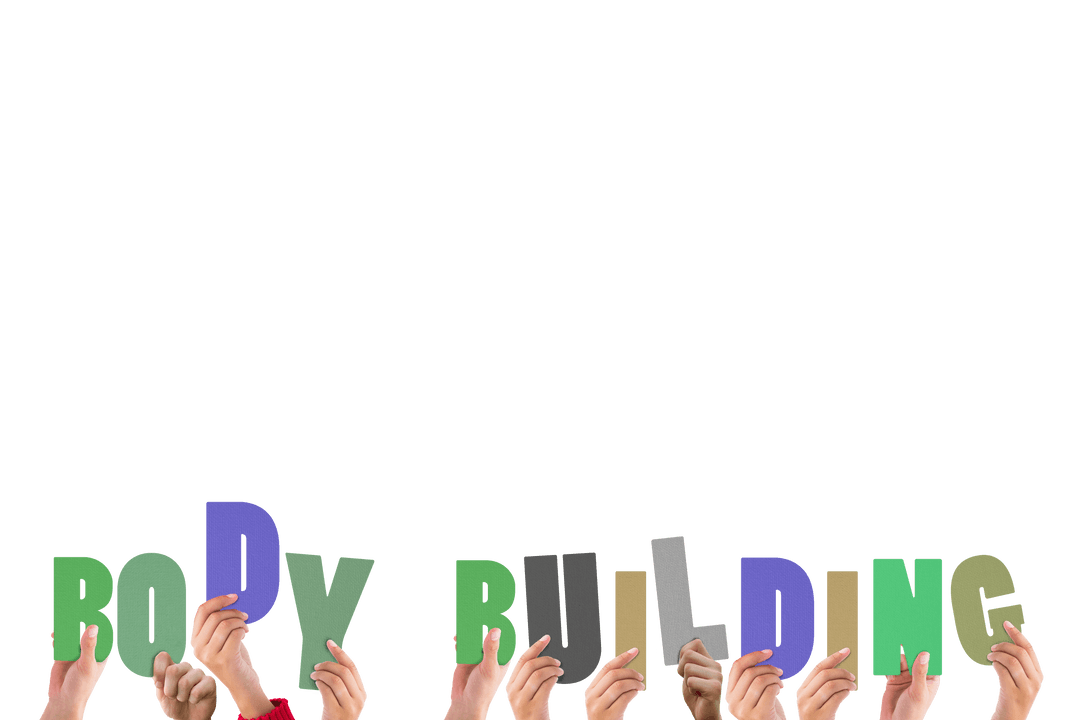 Hands Holding Colorful Body Building Letters on Transparent Background