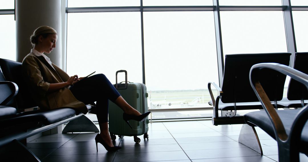 Woman using digital tablet at airport