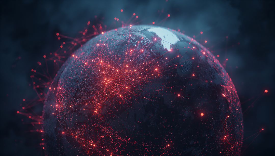 Digital Globe with Glowing Red Nodes on Dark Virtual Space