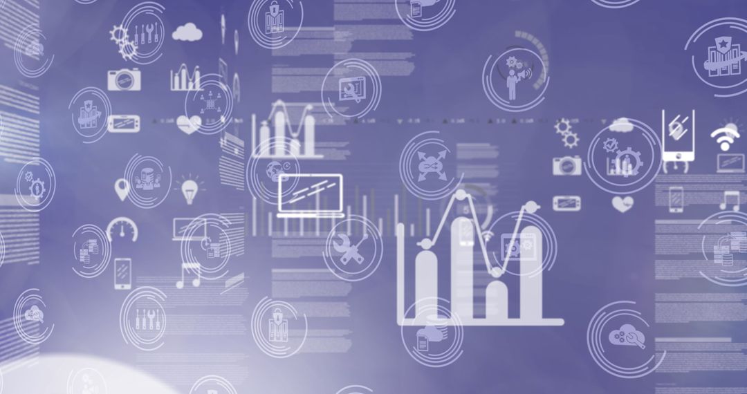 Digital Icons and Data Processing Overlaying Purple Background