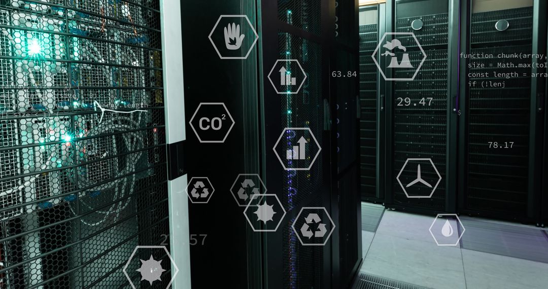 Futuristic Data Processing with Icons in Server Room