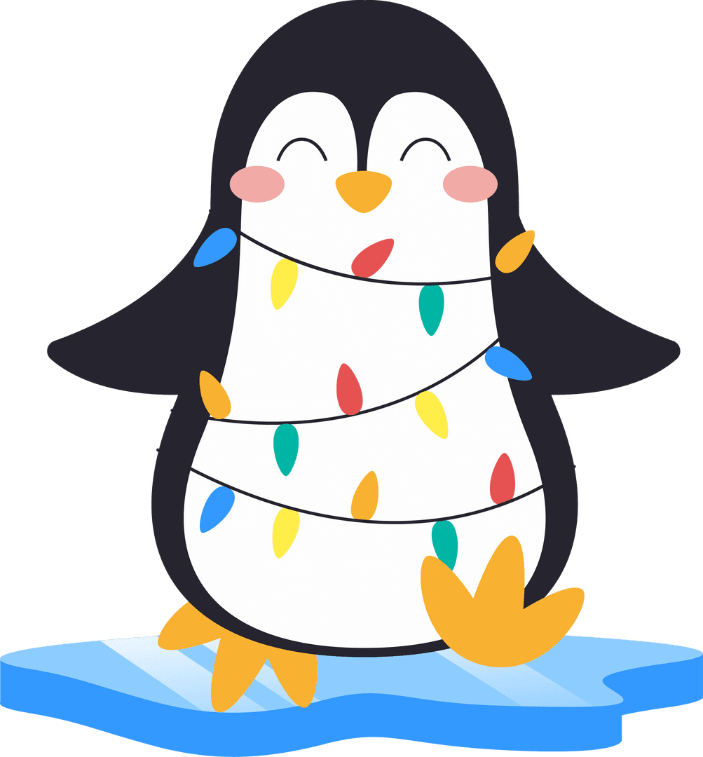 Cheerful Cartoon Penguin Adorned with Christmas Lights on Ice