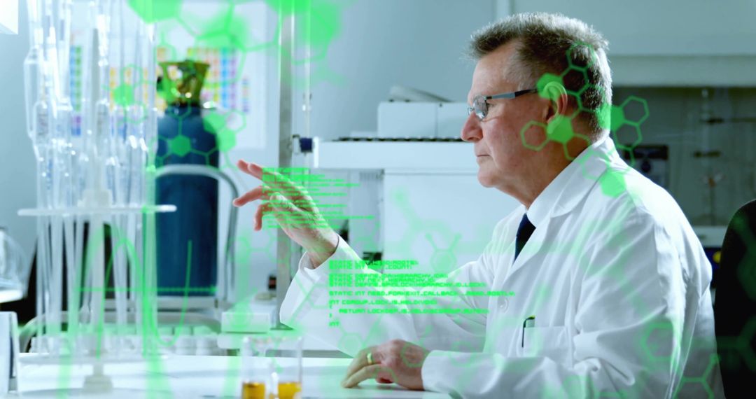 Scientist Analyzing Data in Modern Laboratory with Digital Overlay