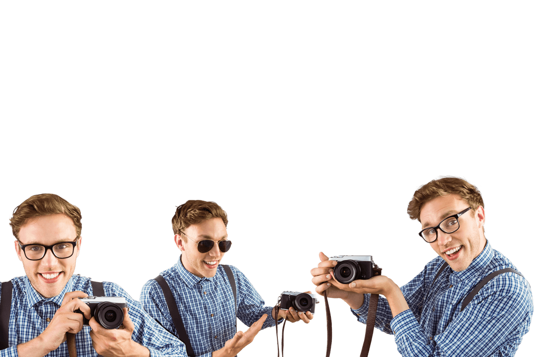 Transparent Energetic Man Showcasing Camera in Multiple Poses