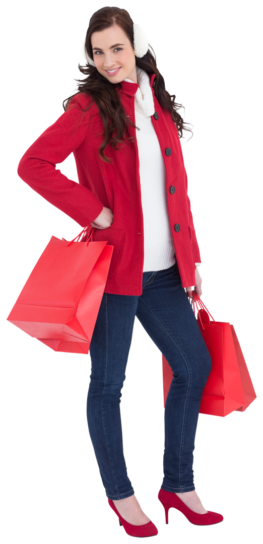 Transparent Cheerful Brunette with Shopping Bags in Winter Clothing - Download Free Stock Images Pikwizard.com