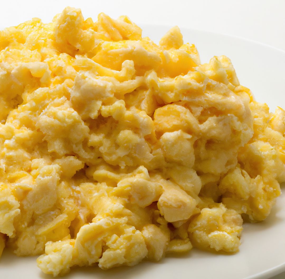 Image of close up of fresh scrambled eggs on white plate - Free Images, Stock Photos and Pictures on Pikwizard.com