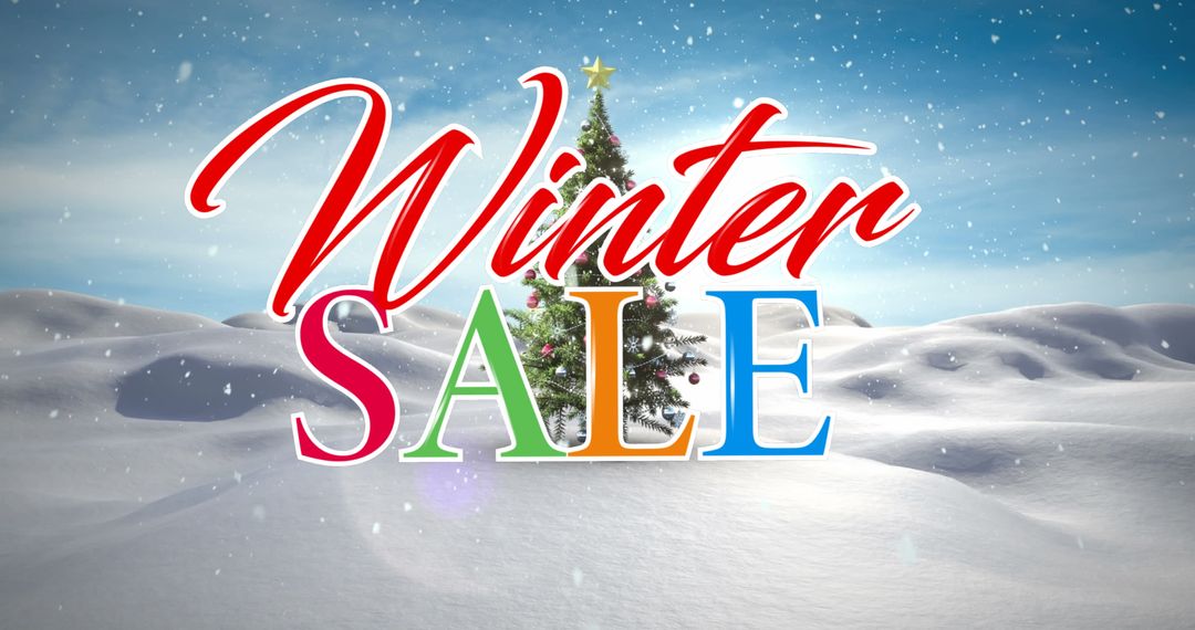 Winter Sale Advertisement with Festive Christmas Tree and Snowy Landscape