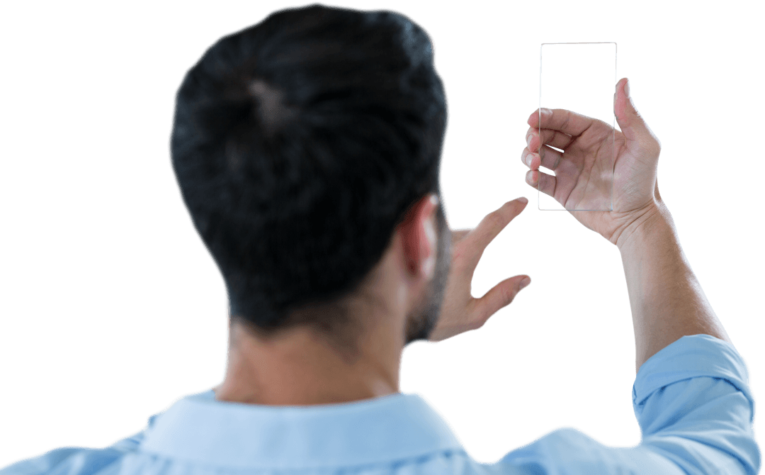 Rear View of Man Holding Transparent Futuristic Smartphone
