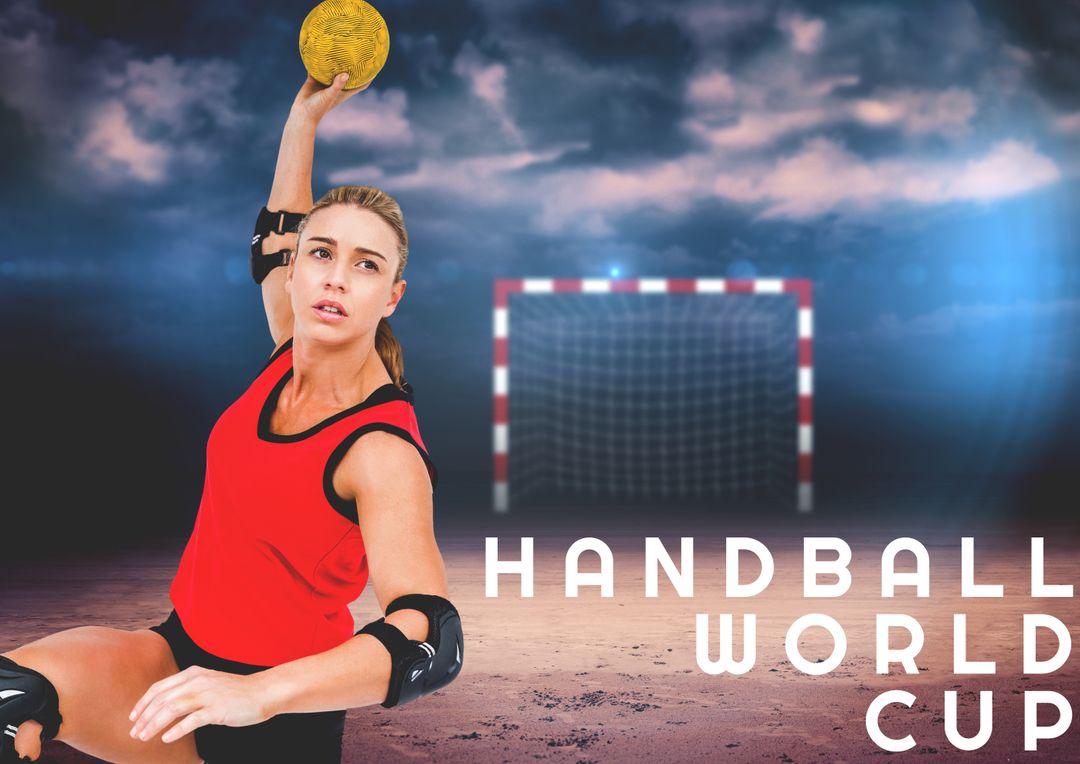 Composite image of determined caucasian woman with handball by text against sky, copy space - Free Images, Stock Photos and Pictures on Pikwizard.com