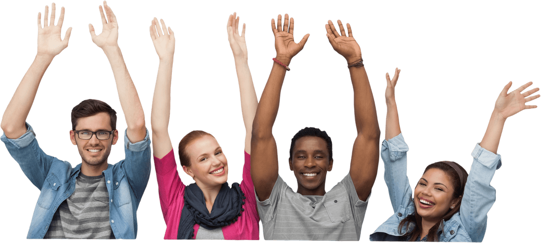 Diverse Friends Raising Arms, Transparent Background