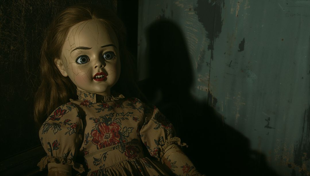 Vintage Porcelain Doll with Cracked Face on Worn Bench in Dim Light