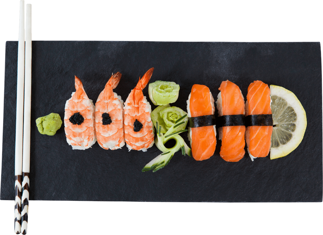 Transparent Sushi Platter with Nigiri and Salmon Rolls