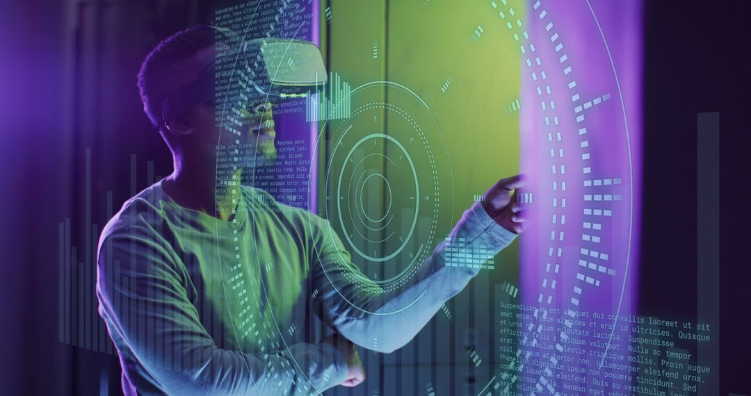 African American Professional in VR Analyzing Digital Data Overlay