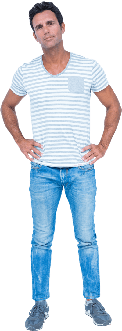Transparent Enthusiastic Man with Hands on Hips in Blue Jeans