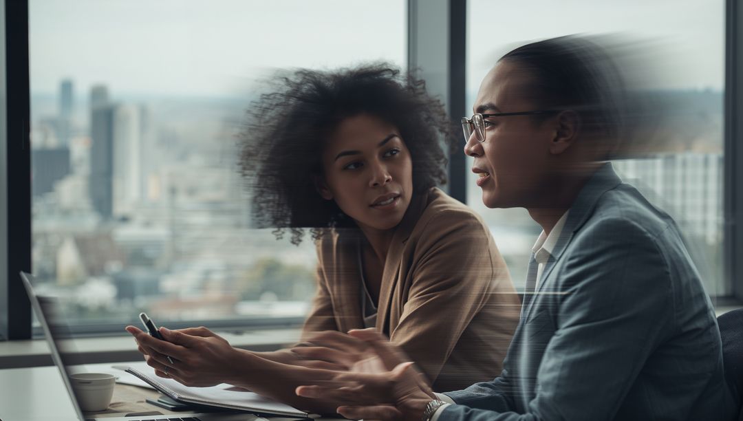 Office collaboration showing colleagues reviewing laptop and smartphone with city skyline