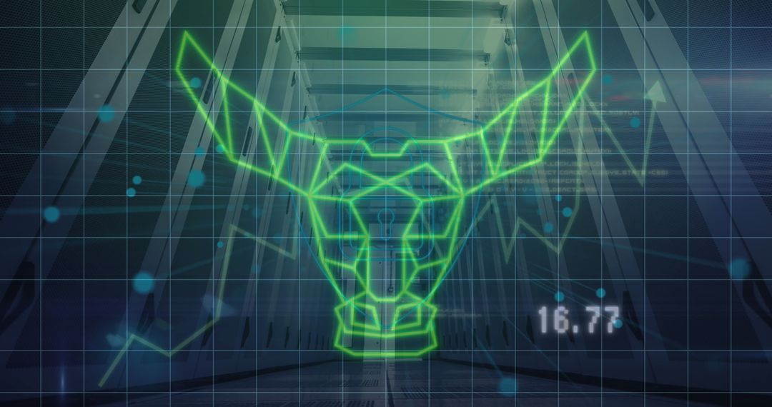 Digital Bull Overlay on Server Room Symbolizing Global Financial Network