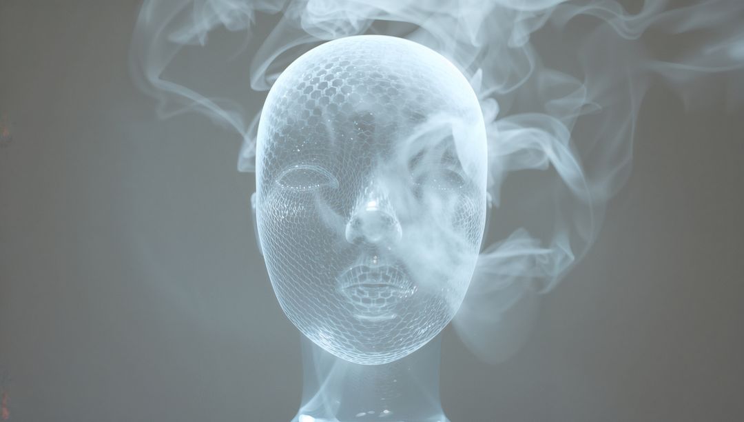 Glowing Wireframe Head Sculpture with Hex Mesh and Swirling Smoke, Holographic Futurism