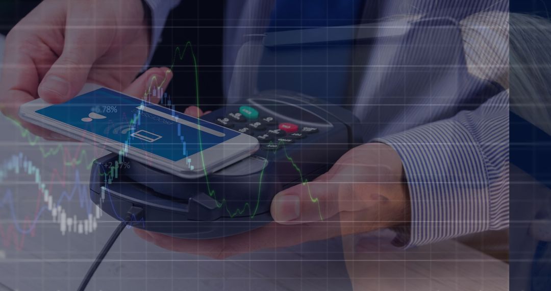 Contactless Payment with Smartphone Amid Digital Data Overlay