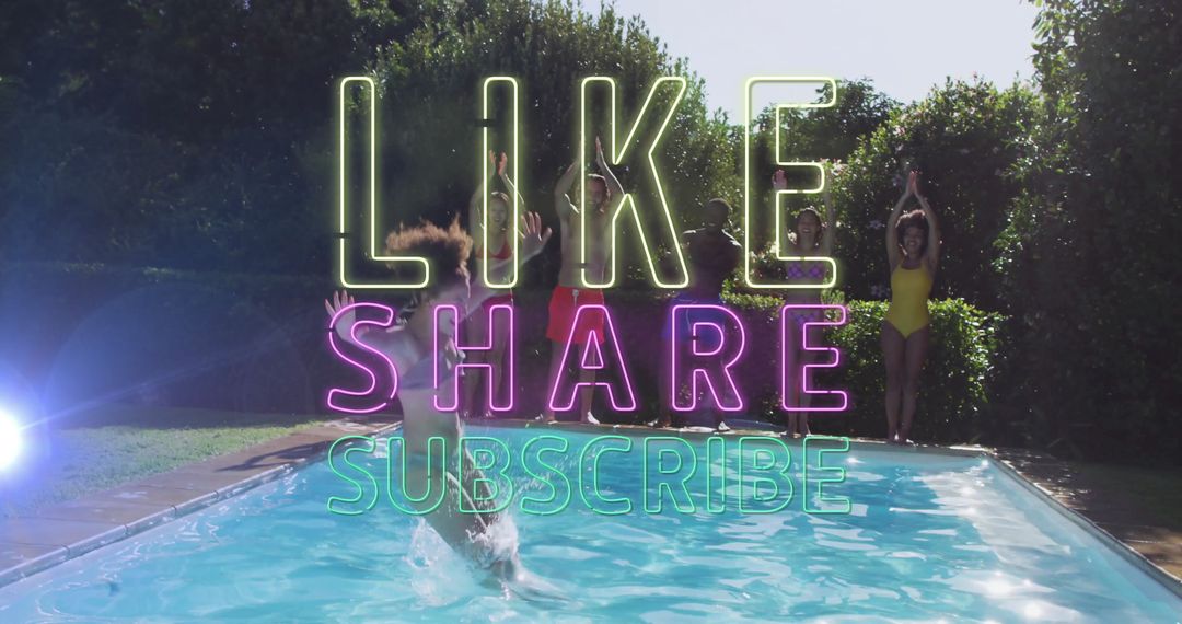 Energetic Pool Party Fun with Friends and Neon Text Overlay