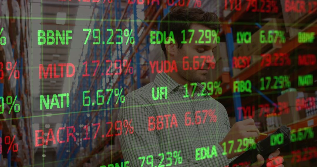 Supervisor Analyzing Stock in Warehouse with Digital Interface