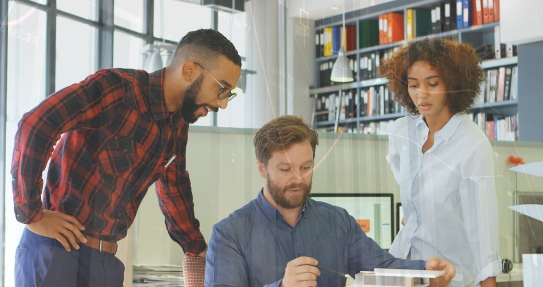 Business Team Discussing Project with Data Illustrations Overlay