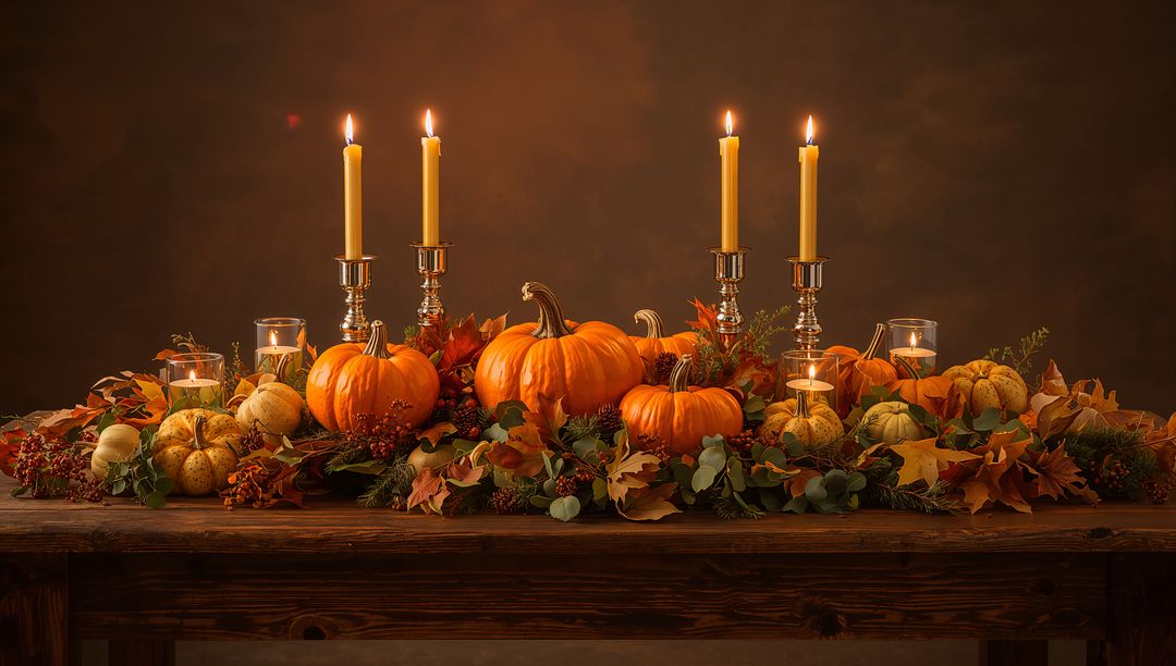 Candles Lighting Fall Pumpkin Centerpiece on Rustic Wooden Table with Silver Candlesticks