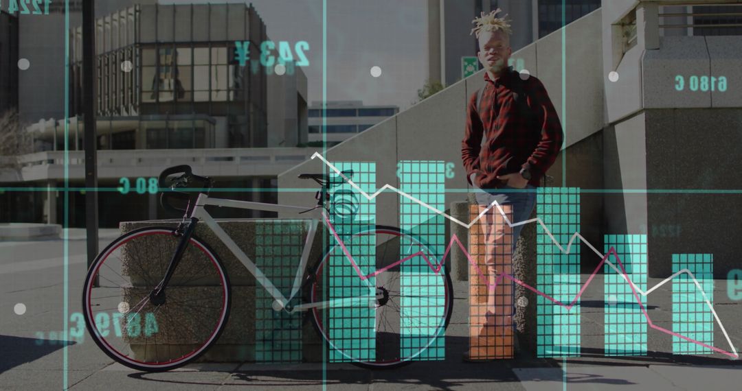 Young Professional with Bicycle Amid Digital Data Overlay