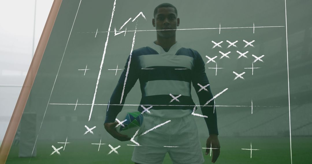 Rugby Player Analyzing Strategy with Game Plan Overlay