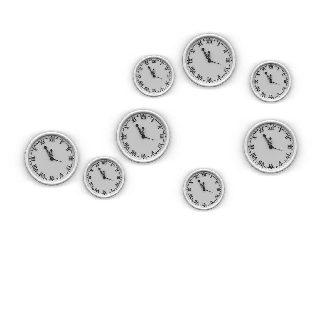 Black and White Roman Numeral Clocks on Transparent Background
