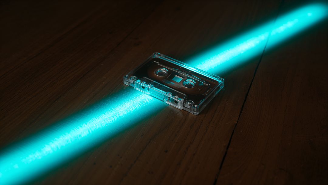 Transparent Cassette Tape on Cyan Neon Beam Crossing Wooden Table, Retro Moody Vibe