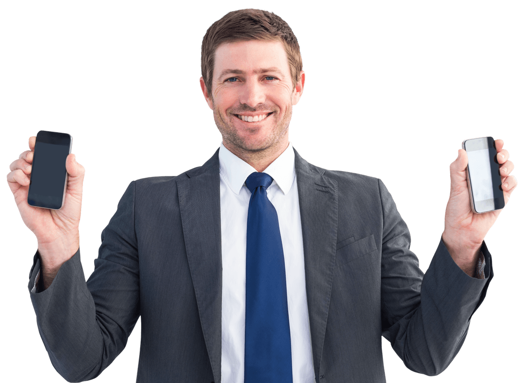 Businessman Holding Two Smartphones Transparent Background